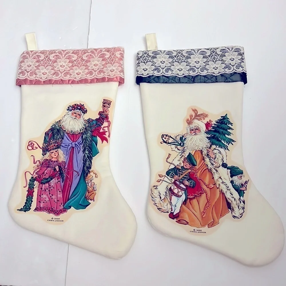 Vintage Cheryl Johnson Old World Santa Christmas Stockings 1986 Pair